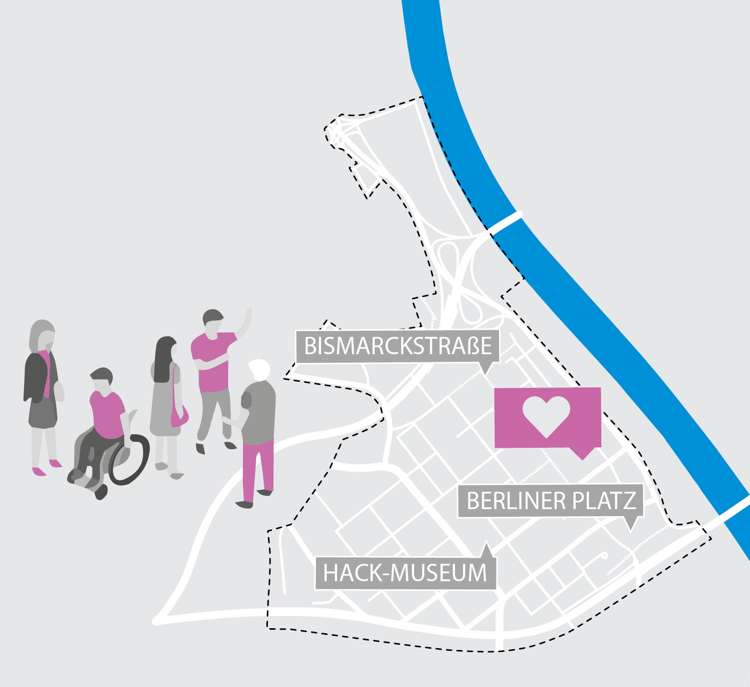 Grafik von Personen auf einer Karte zur Innenstadt