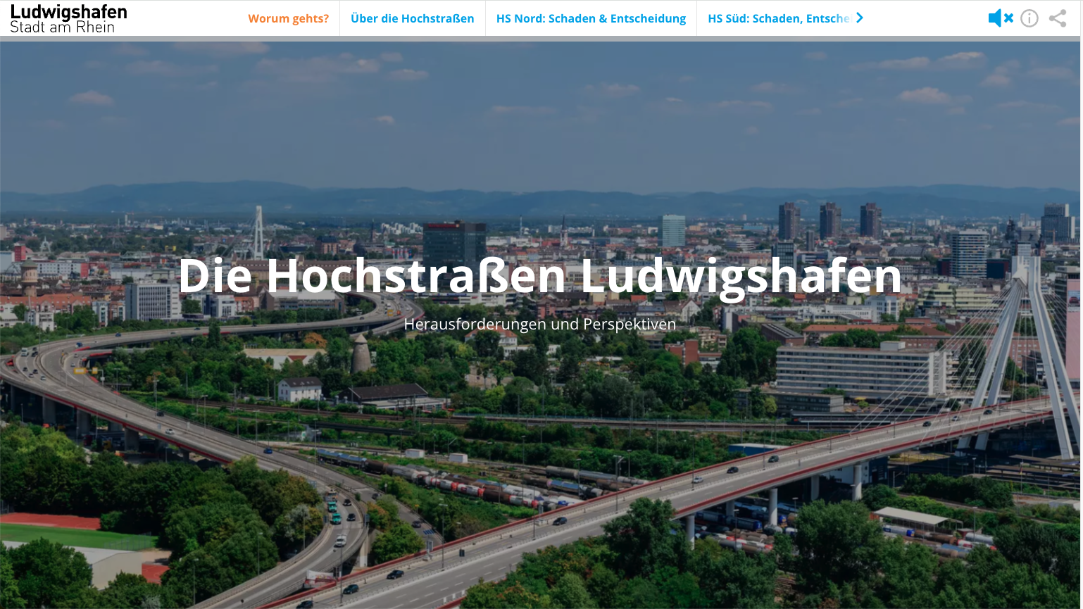 Startseite des Scrollytellings mit den Hochstraßen Ludwigshafens im Hintergrund